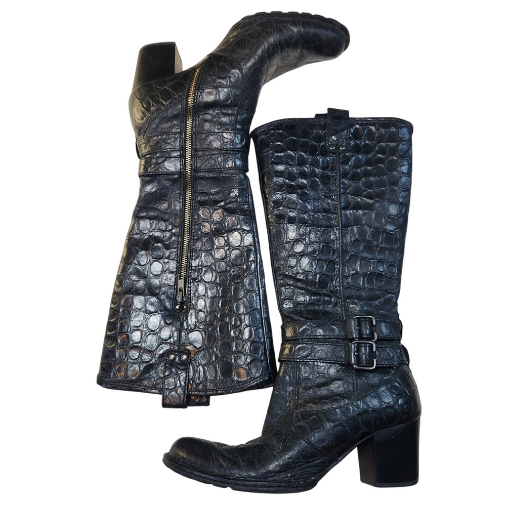 BØRN Lewisa Leather Riding Boot Womens 7.5 Black Textured Croc Embossed‎ Heeled